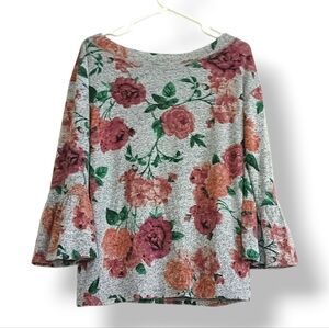 Maurices Off-the-Shoulder Grey Sweater Pink Roses Floral Bell Sleeves Oversized